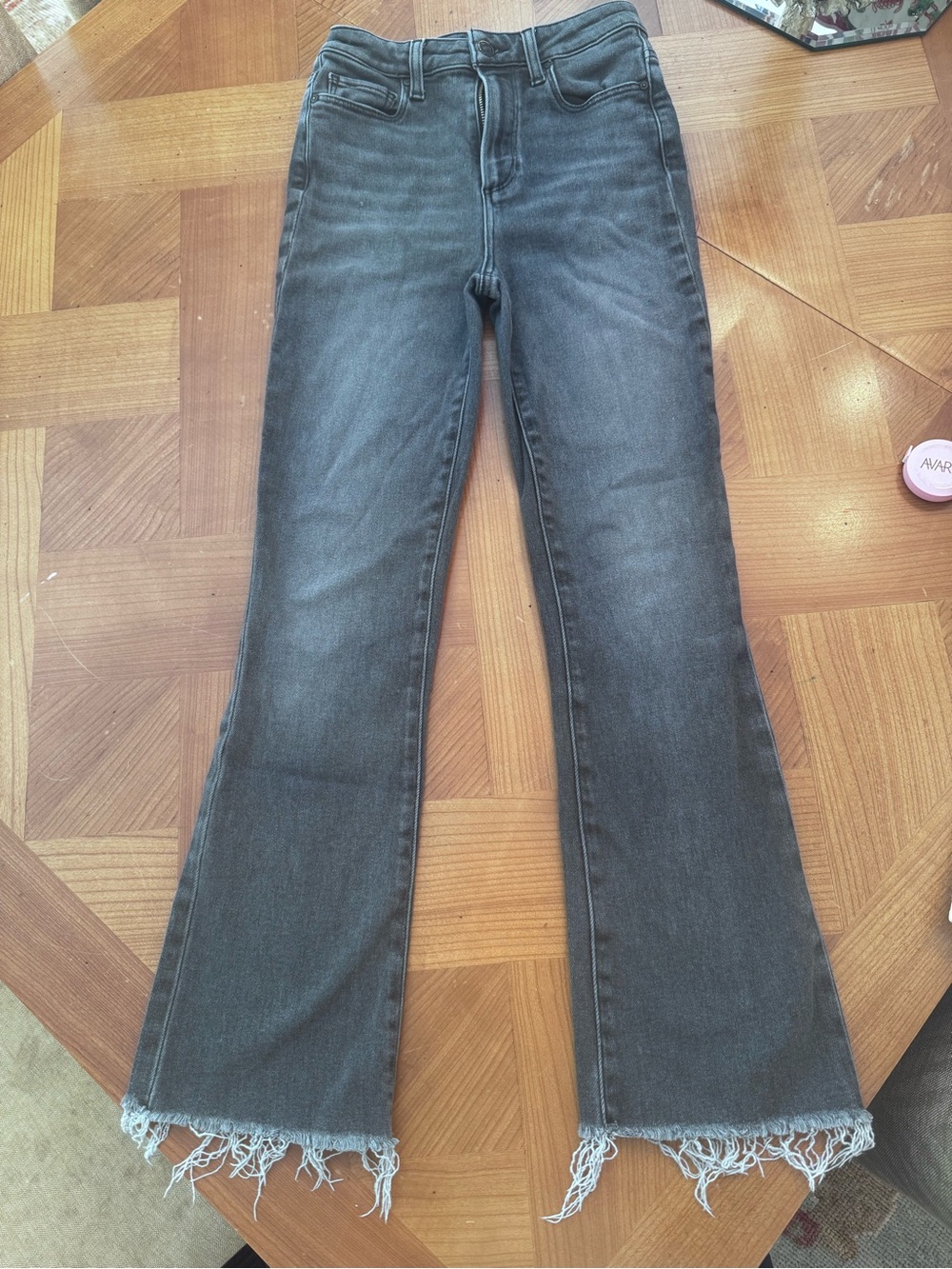 Paige High-Rise Gray Flare cropped Jeans with Frayed Hem